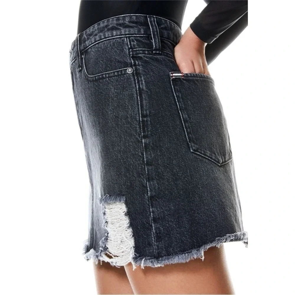 ALICE + OLIVIA Denim Short Skirt Mini Black Distressed Women High Rise Jean 26 2